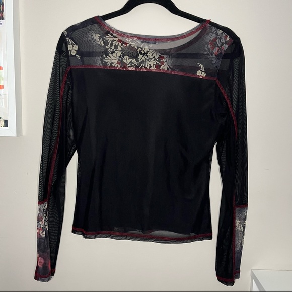 Black Mesh Long Sleeve Top with Floral Pattern Front - Picture 4 of 4